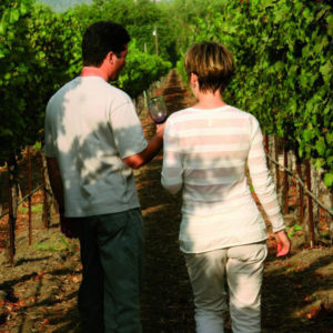Paar bei Weinprobe im Weinberg